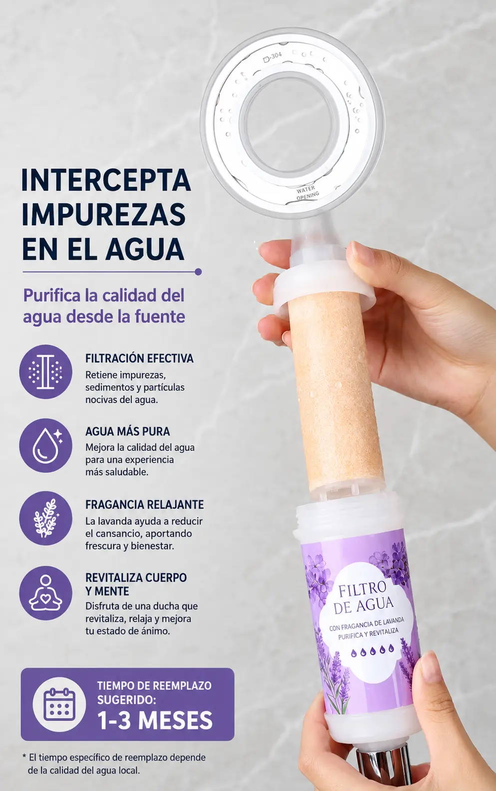 Filtro purificador de ducha 5 micras con fragancia de lavanda cartucho reemplazable