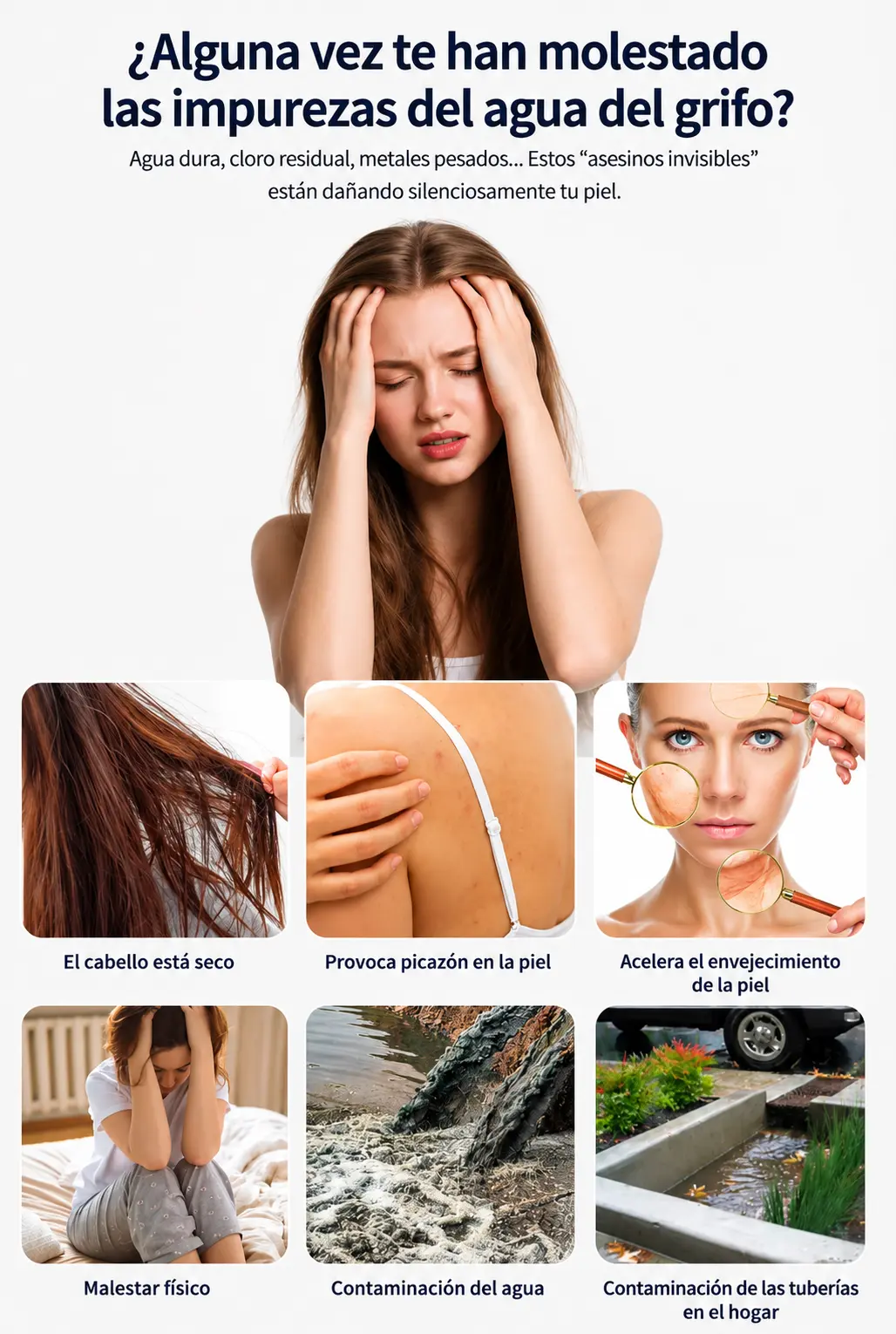 Problemas de piel y cabello por impurezas del agua del grifo cloro y metales pesados